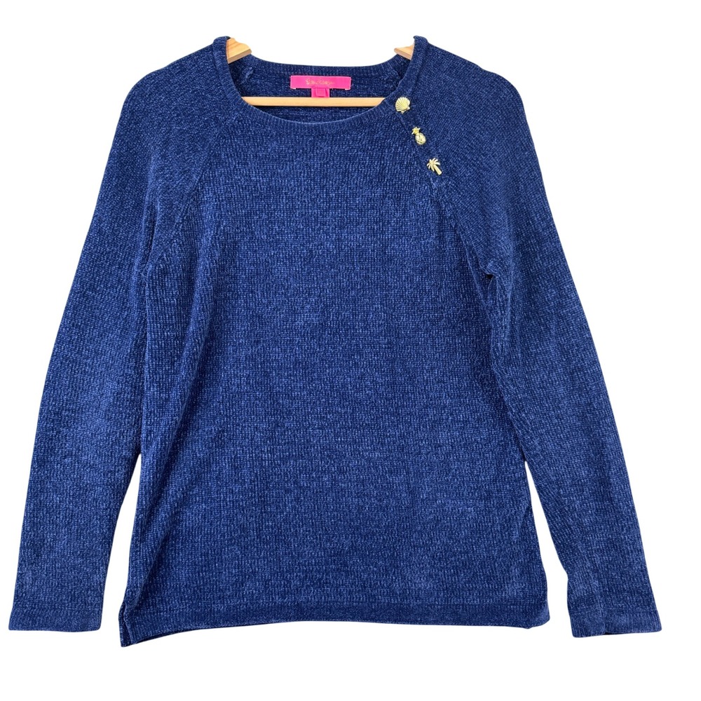 Lilly Pulitzer Womens Navy Blue Chenille Sweater Gold Shell Pineapple‎ Buttons S